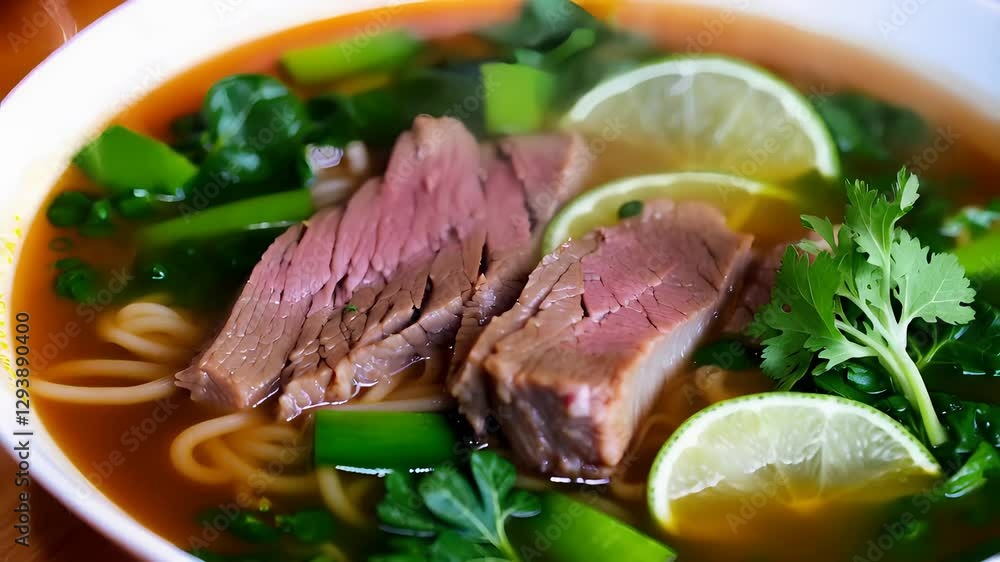Delicious steaming bowl of beef noodle soup with fresh herbs and citrus served in a cozy setting Delicious steaming bowl of beef noodle soup with fresh herbs and citrus served in a cozy setting
