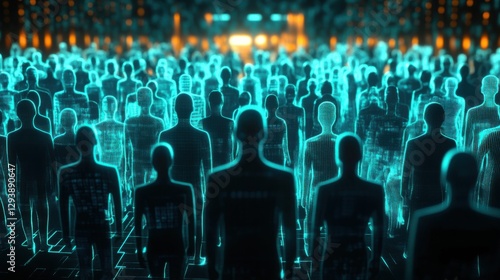 Echo chambers on social media where everyone forms opinions with like-minded people. A crowd of similar profiles of people in a digital room. Futuristic concept