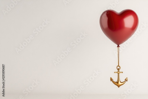 Red heart balloon suspended by golden anchor symbolizes love and