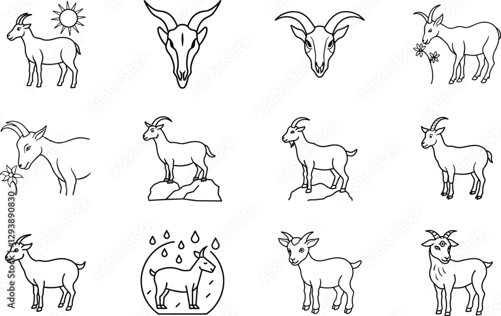Goat Icons Line Art, Farm Animals, Nature, Sun, Rain, Wildlife, Graphics, Designs, Illustrations, Sy
