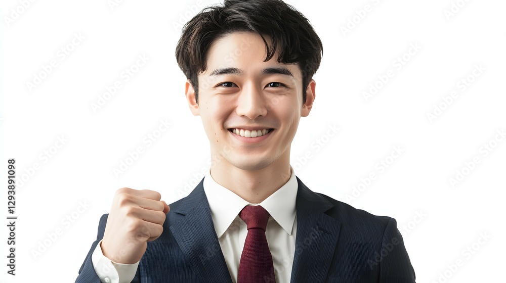 A young businessman in a suit is smiling and raising his fist in a cheerful gesture, set against a white background A young businessman in a suit is smiling and raising his fist in a cheerful gesture, set against a white background