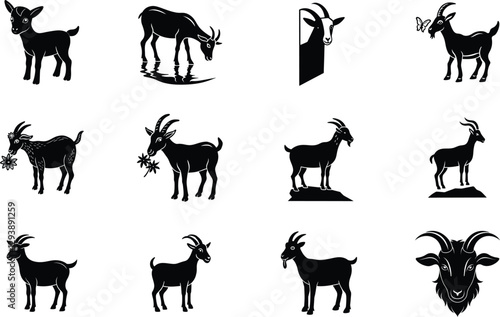 Twelve Goat Silhouettes Farm Animals, Grazing, Icons, Livestock
