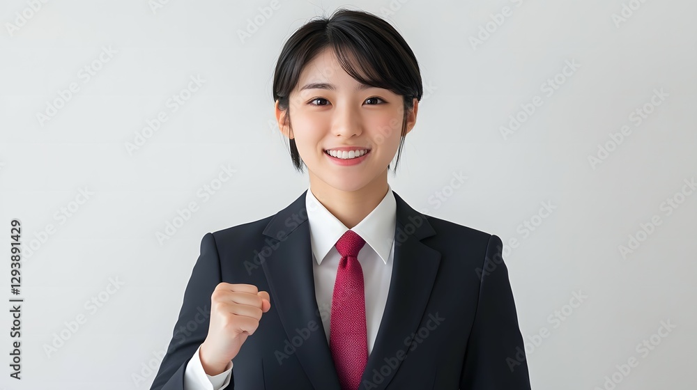 A professional portrait of a young beautiful woman, wearing a suit and tie, with a confident in of one hand fist-pumping pose and a smile on his face A professional portrait of a young beautiful woman, wearing a suit and tie, with a confident in of one hand fist-pumping pose and a smile on his face
