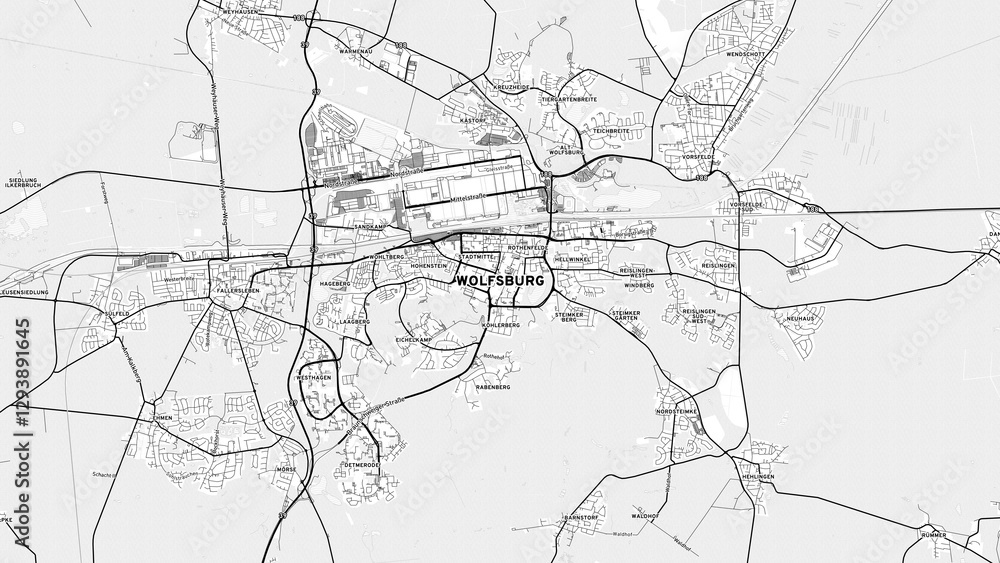 Minimalist Wolfsburg Street Map with Labels and Neighborhoods Minimalist Wolfsburg Street Map with Labels and Neighborhoods