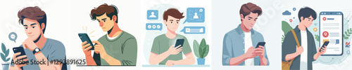 Vector of a young man checking the latest news on his phone.