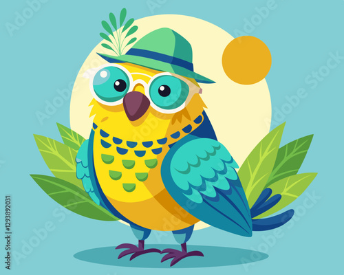 budgie with hat and sunglasses theme for vacation and travel