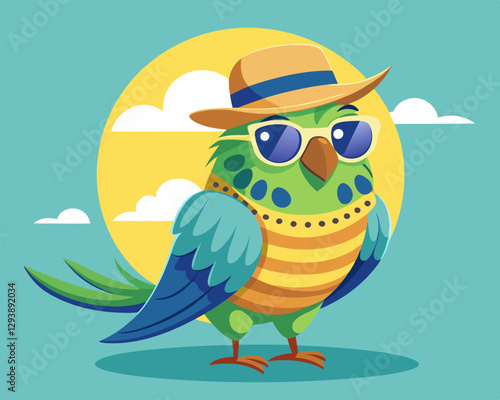 budgie with hat and sunglasses theme for vacation and travel