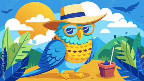 budgie with hat and sunglasses theme for vacation and travel