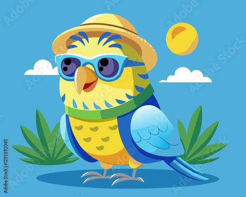 budgie with hat and sunglasses theme for vacation and travel