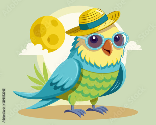 budgie with hat and sunglasses theme for vacation and travel