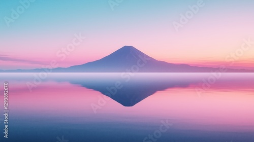 Mount with Reflection on Pink Blue Lake at Sunset 