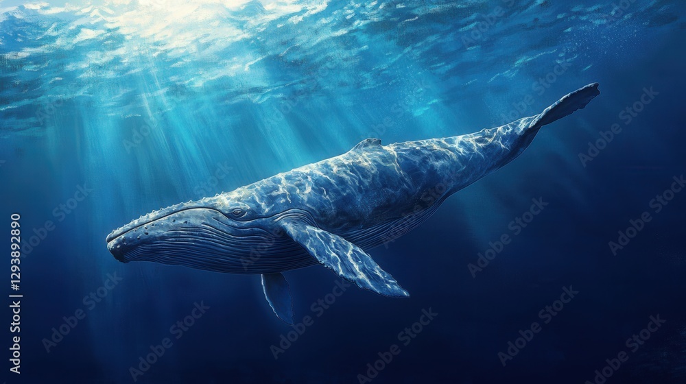 Fototapeta premium A majestic blue whale glides through the vivid azure depths, its realistic intricacies highlighted by vibrant hues against the endless ocean