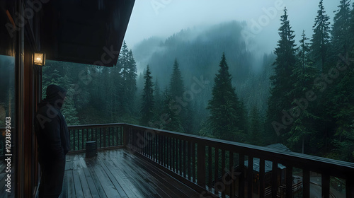 Man on rainy mountain cabin balcony, foggy forest view