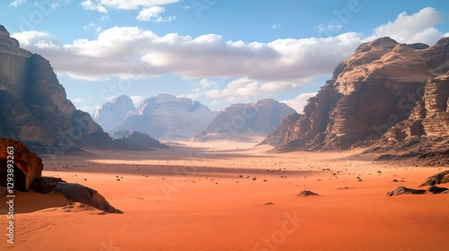Sandy desert with large mountains on side