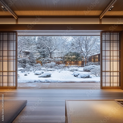 The serene view reveals a snow covered Japanese garden outside photo