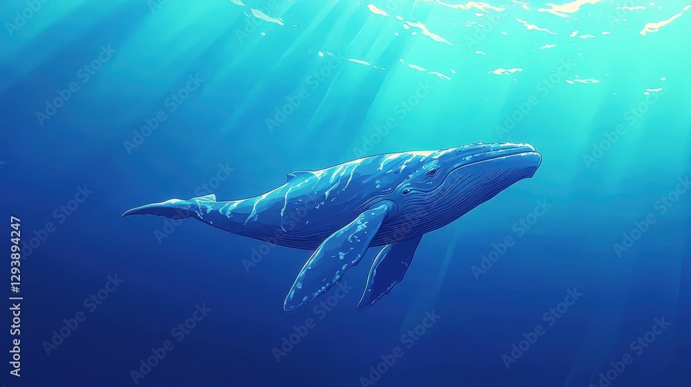 Fototapeta premium A majestic blue whale glides through shimmering azure waters, its detailed form highlighted by vibrant hues against the ocean's depths. Every curve of its immense body is rendered with lifelike precis