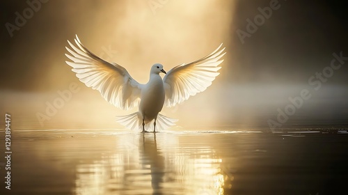 Dove in radiant light spreading its wings on water, illuminated scene photo