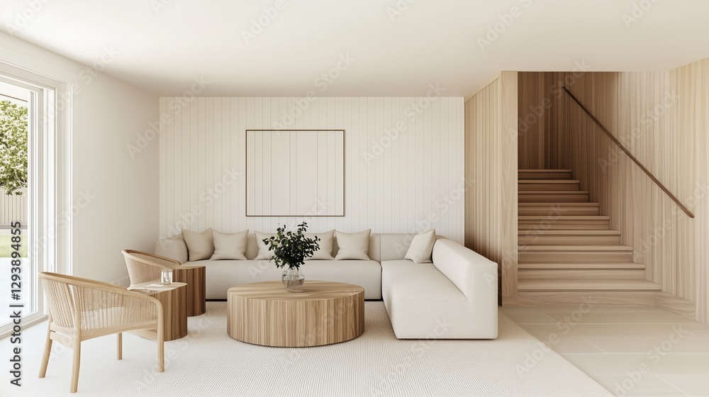 Fototapeta premium Serene Living Room: A modern, bright, and airy living room bathed in natural light, featuring a minimalist design with cozy seating, a wooden coffee table, and a staircase.