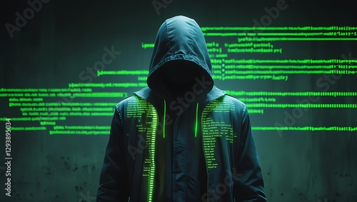 Mysterious Hooded Hacker with Green Glitch Effect and Encrypted Code – Cybersecurity Threat, Dark Web Intrusion, and Anonymous Cybercrime Concept