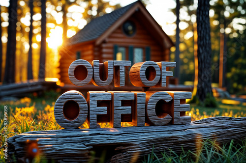 Rustic wooden cabin in a forest setting during sunset, with the text phrase text 