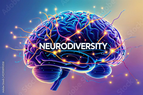 Stylized brain with the word text neurodiversity in the center, surrounded by glowing neural pathways.