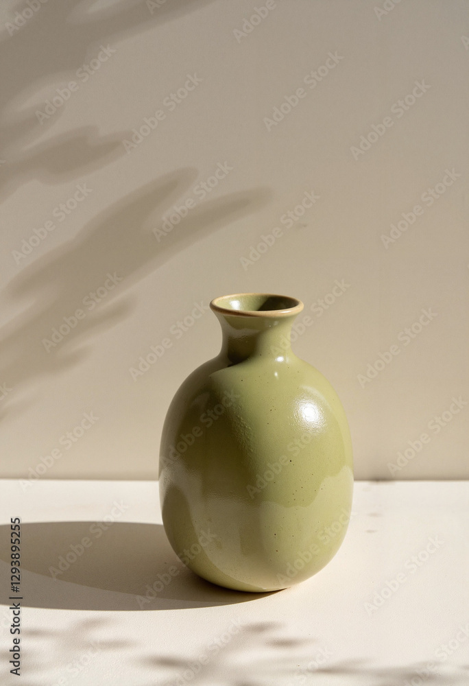 Handcrafted ceramic vase in muted olive green on stone surface, simplicity Handcrafted ceramic vase in muted olive green on stone surface, simplicity