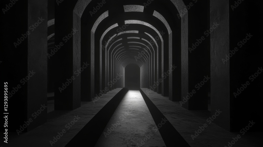 Fototapeta premium Dark corridor with arches leading to a distant light source