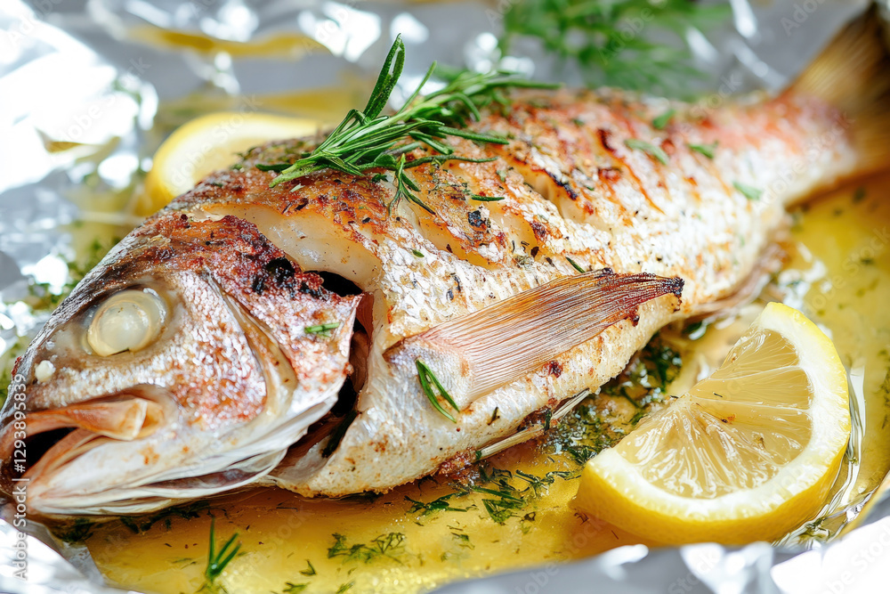 Whole roasted fish served with lemon slices, herbs, and olive oil, perfectly cooked with crispy skin and tender meat, presented on foil. Whole roasted fish served with lemon slices, herbs, and olive oil, perfectly cooked with crispy skin and tender meat, presented on foil.
