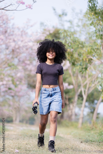 Wallpaper Mural A teenager with voluminous curly hair stands on a dirt path surrounded by blooming trees, holding binoculars. Torontodigital.ca