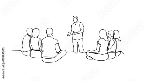 A singleline drawing depicts a teacher or facilitator addressing a small group seated on the ground in a circle. They appear engaged in a discussion or training session.