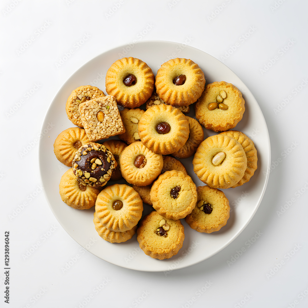Eid Fitr Kahk cookies plate on white background islamic feast Eid Fitr Kahk cookies plate on white background islamic feast