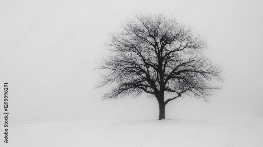 Fototapeta premium Solitary tree in a foggy white landscape during winter