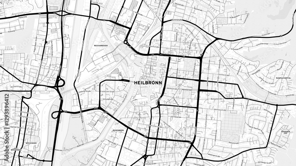 Fototapeta premium Minimalist Heilbronn Street Map with Labels and Neighborhoods