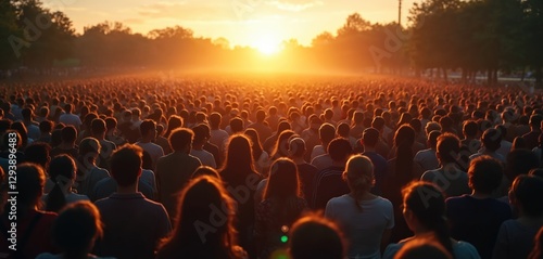 Crowd of people in field during sunset, concept of world population day. Large group gathers, community, society, urbanization, civilization, diversity, global unity. Music festival show concept.