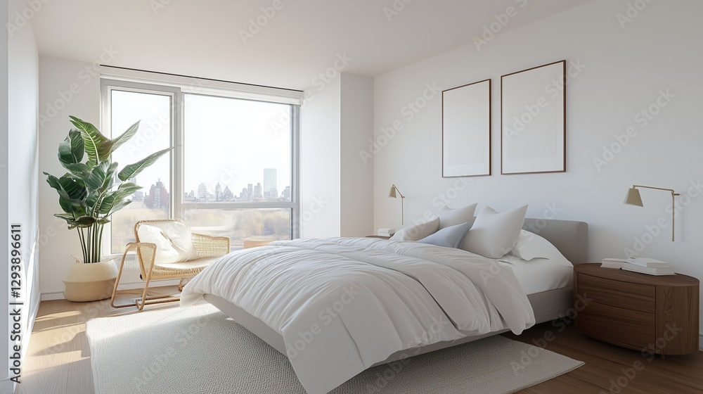 Fototapeta premium Serene Bedroom Interior: An inviting bedroom interior bathed in natural light from a large window, featuring a comfortable bed, minimalist decor, and a touch of greenery.