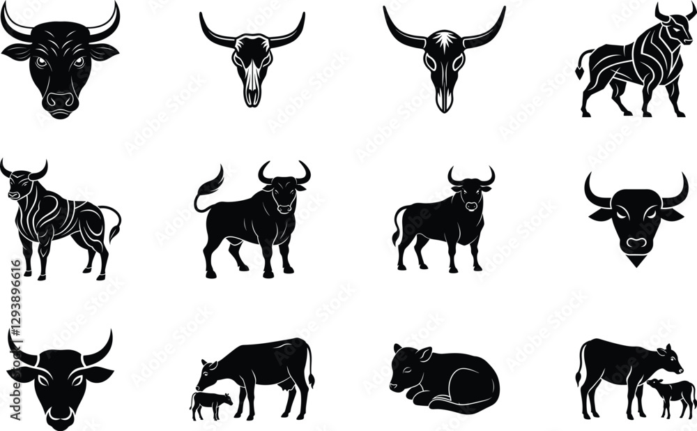 Naklejka premium Bull, Cow, Calf, Skull, Zodiac, Taurus, Silhouette, Icons, Vector, Graphics