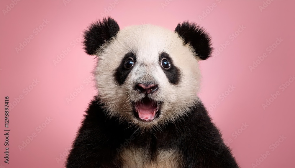 Naklejka premium Cute and Surprised Shocked Panda Isolated on Pink Background Adorable Animal Expression Brings a Touch of Whimsy and Humor to Any Space, Perfect for Digital Art, Home Decor, or Design