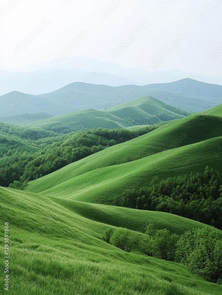 Serene green hills under a soft sky landscape with rolling meadows and distant mountains in a tranquil natural setting Serene green hills under a soft sky landscape with rolling meadows and distant mountains in a tranquil natural setting