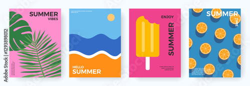 Colorful set of summer backgrounds with tropical leaves, ice cream, beach, sea, orange. Abstract vacation, weekend and summer time concept. Minimal design for cover, poster, card, banner, brochure