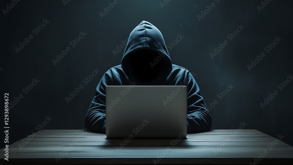 Anonymous hacker sitting in front of a laptop with white light. Concept of dark web, cybercrime, cyberattack Anonymous hacker sitting in front of a laptop with white light. Concept of dark web, cybercrime, cyberattack