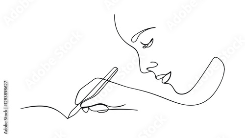 A minimalist line drawing depicts a woman intently writing in a notebook with a pen. Her focused expression and the singleline style create an elegant and artistic image.