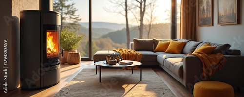 Modern living room interior with pellet stove, burning pellets, corner sofa with decorative pillows, big window with nature landscape. Heating house with renewable eco energy provides cozy warm