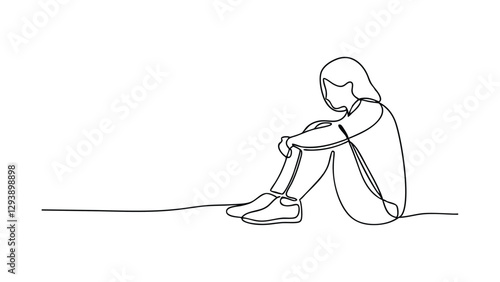 Single Line Drawing of a Sad, Seated Young Woman