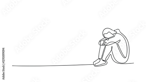 A minimalist line drawing depicts a person sitting on the ground, head bowed, knees drawn to chest, conveying feelings of profound sadness and isolation.