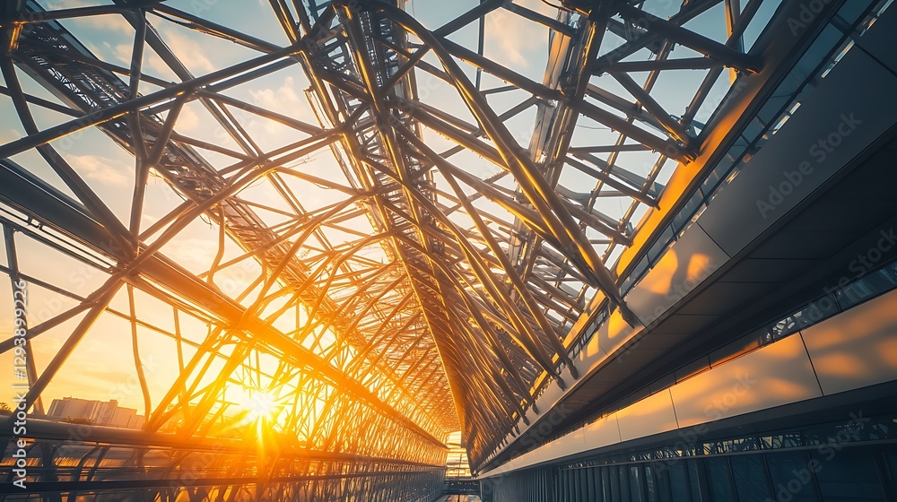 Fototapeta premium Modern Structure with Metal Beams and Sunset Light Architecture