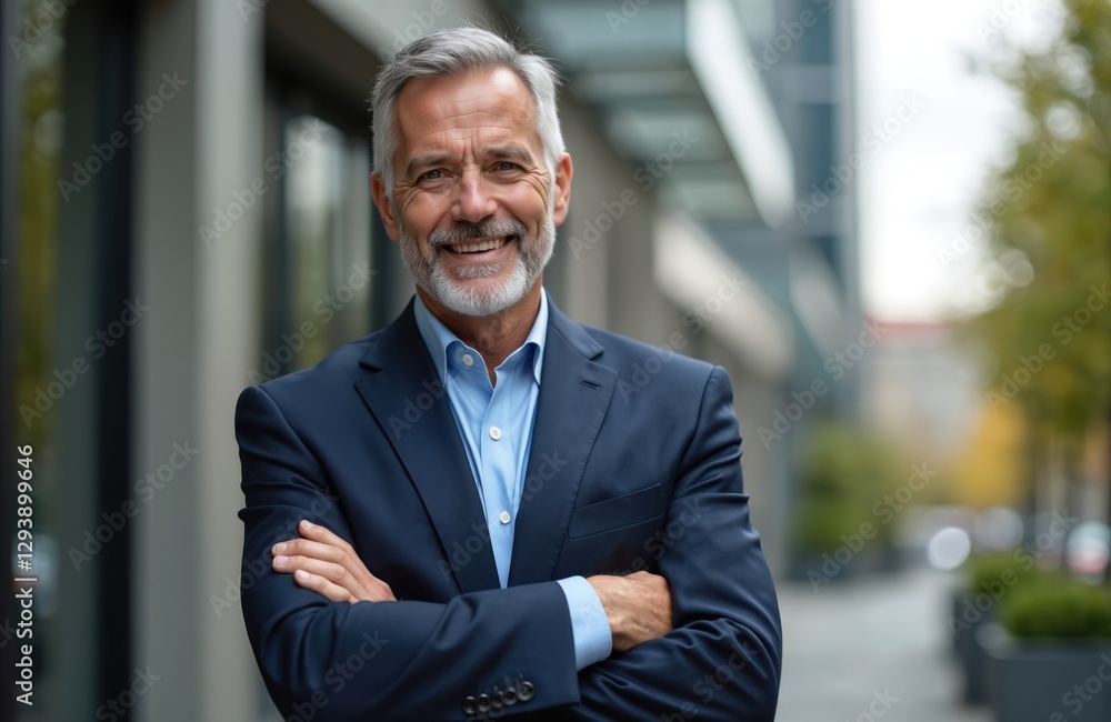 Middle aged businessman looks at camera outdoors. Smiling confident mature business pro executive wears suit, stands arms crossed. Successful lawyer poses in park, office center, city street during Middle aged businessman looks at camera outdoors. Smiling confident mature business pro executive wears suit, stands arms crossed. Successful lawyer poses in park, office center, city street during