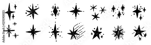Chalk crayon star doodle sketch set. Hand drawn blinking spark doodle sketch scribble decorative scrapbook flare glare light vector illustrations
