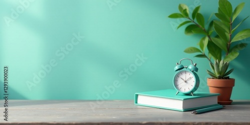 Wallpaper Mural A serene workspace featuring a teal alarm clock resting on a closed book, accompanied by a potted succulent and vibrant green plant against a calming aqua backdrop. Torontodigital.ca