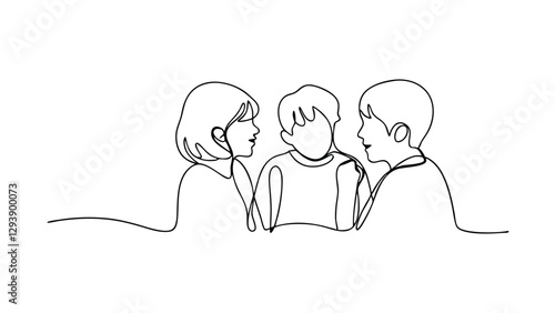 OneLine Drawing Three Children Communicating, Friends, Unity, Childhood, Togetherness