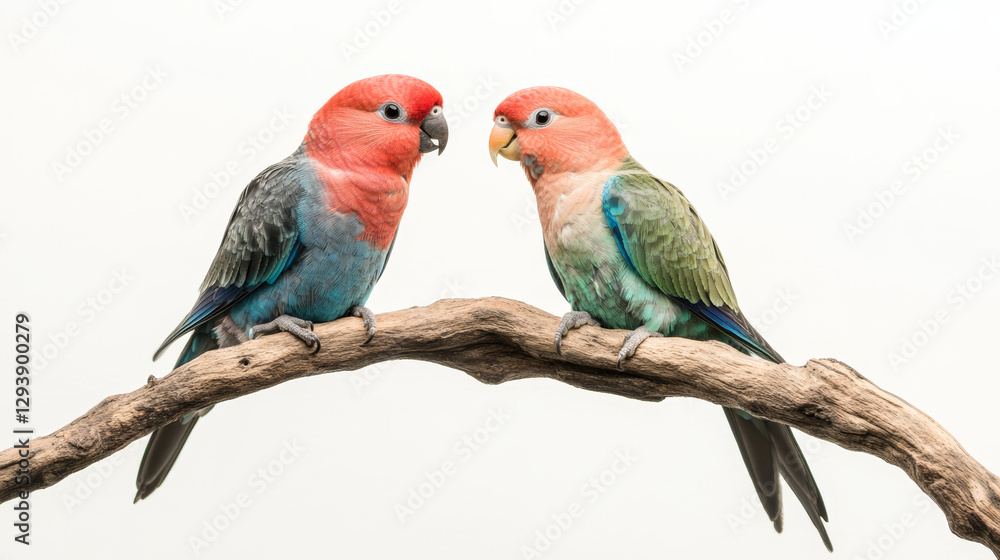 Two colorful lovebirds perched on a branch, symbolizing romance, affection, and companionship against a bright white background.
Two colorful lovebirds perched on a branch, symbolizing romance, affection, and companionship against a bright white background.